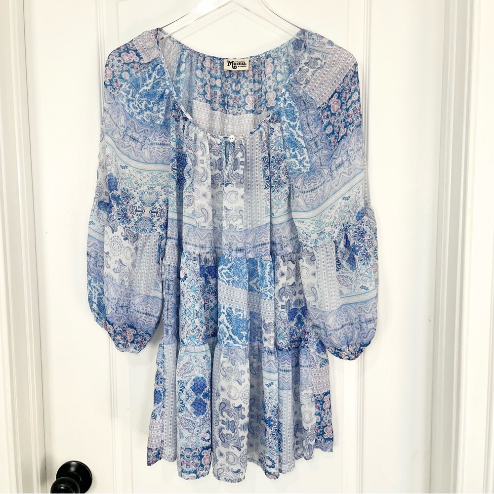 Show Me Your Mumu Blue Boho Patchwork Peasant Tunic Top XS